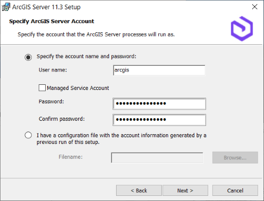 Specify the ArcGIS Server account. Specify the ArcGIS Server account.